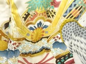 アンティーク　鷹に兜模様刺繍紋付男児着物（長襦袢・内袖付き）